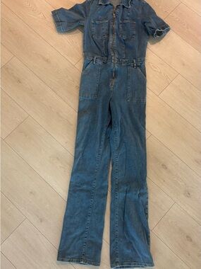 Mango Blue Denim Short-Sleeve Jumpsuit Overalls